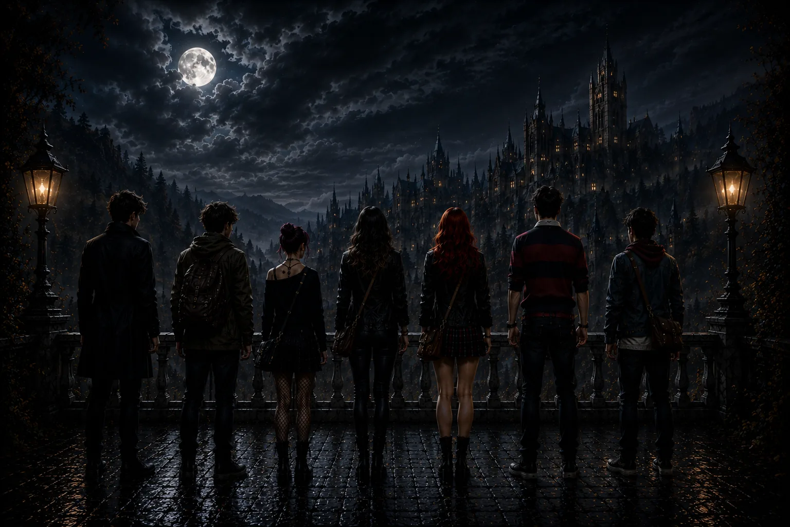 Seven students overlooking Nightspire University beneath a moonlit sky